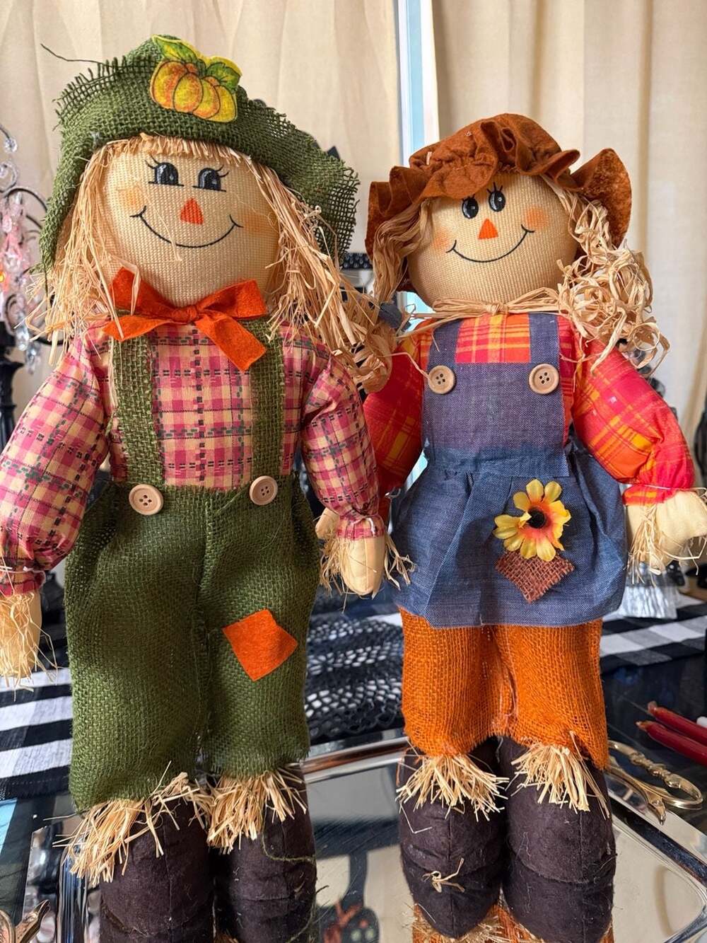 Fall Harvest Scarecrow Figures Set of 2 Boy and Girl Autumn Decor